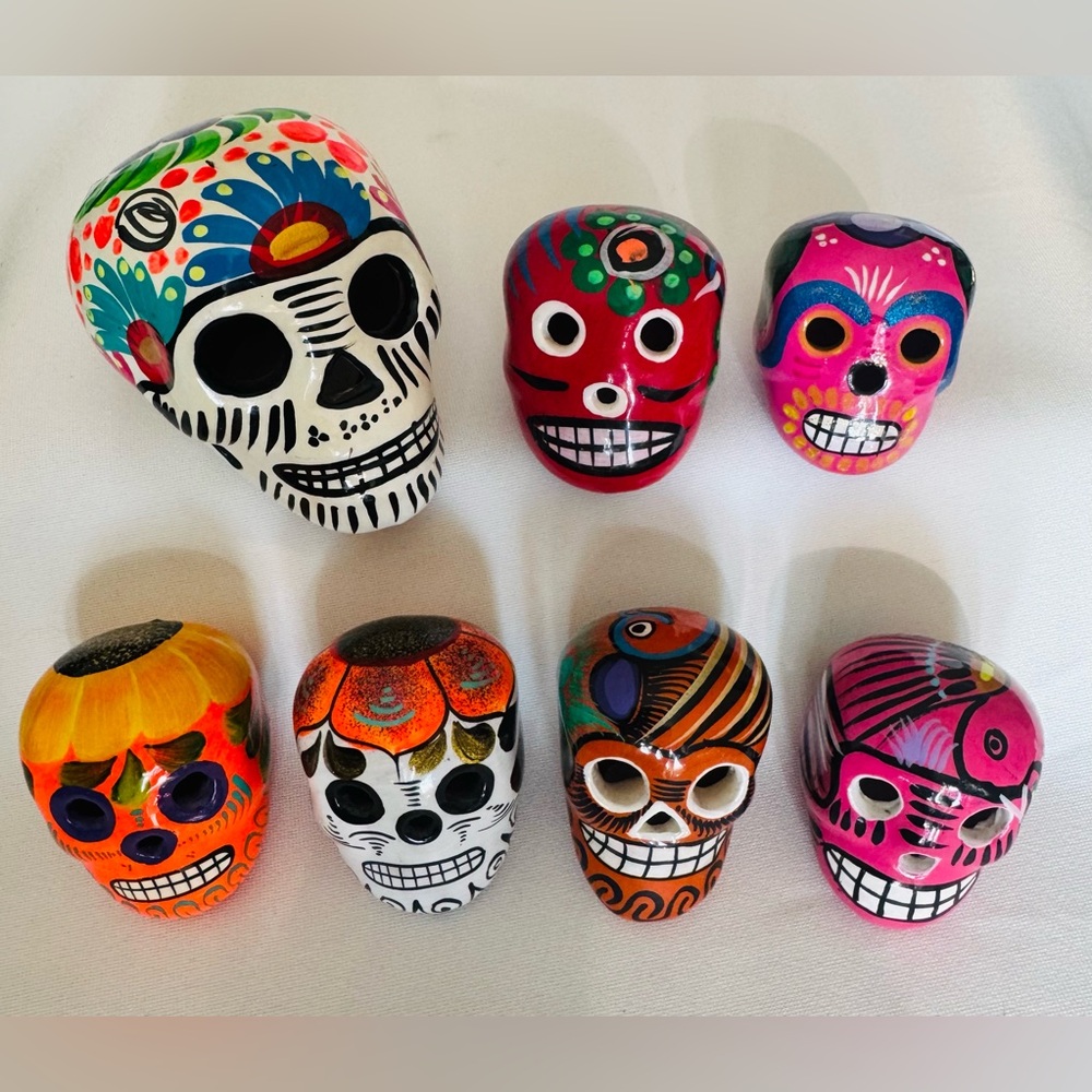 7 Mexican Handmade Calaveras Skull Assorted Colors  Talavera Day of Dead Ofrenda